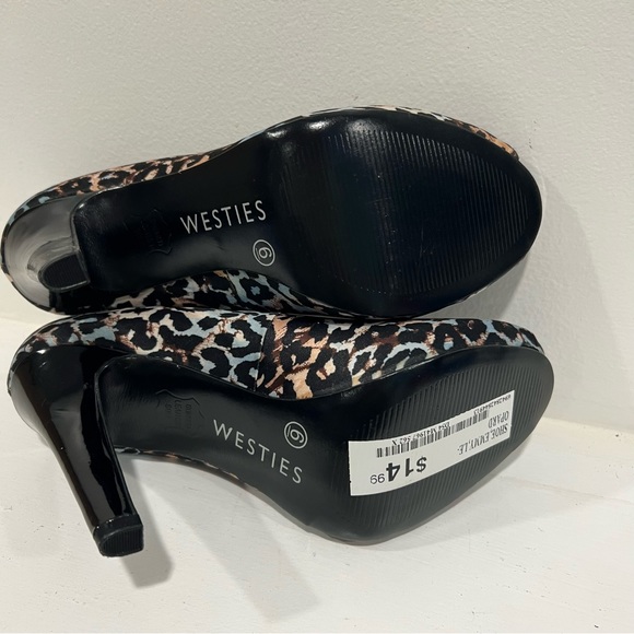 WESTIES Blue Brown Cheetah Print Peep Toe Heels NWT - Picture 4 of 4